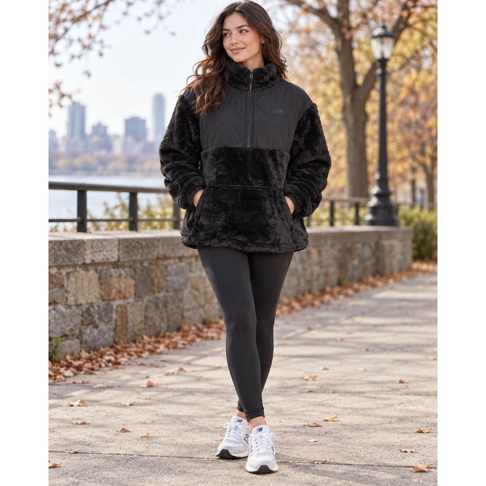 New Balance Women’s Sherpa Fleece Pullover Jacket Size S Black Quilted Half Zip